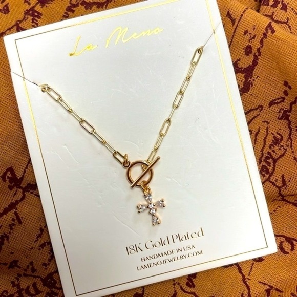 Brand New La Meno 18K Gold Plated Cross Chain Necklace Crystals Christian - Picture 12 of 12